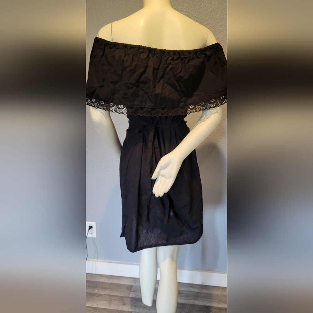 OFF SHOULDER WOMAN DRESS FLORAL ARTESANAL Size M 100% Cotton Embroidered Black - Picture 8 of 13